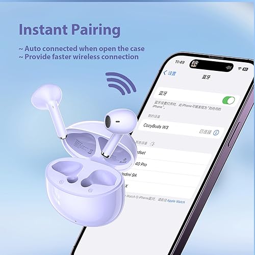 Miniatura 6 de Auriculares inalámbricos TWS morados para niños Bluetooth 5.3 con micrófono de cancelación de ruido, auriculares morados para orejas pequeñas,