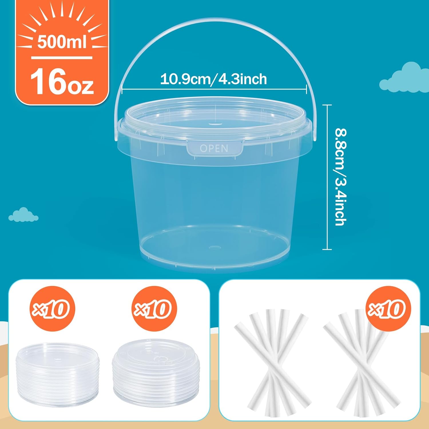 Clear Plastic Cups with Lid and Straw, Reusable Drink Bucket with Handle for Iced Coffee, Smoothie, Ice Cream - Sturdy Food Safe Party Cups for Pool, Beach, Birthday Parties (10, 16 oz) - Image 2