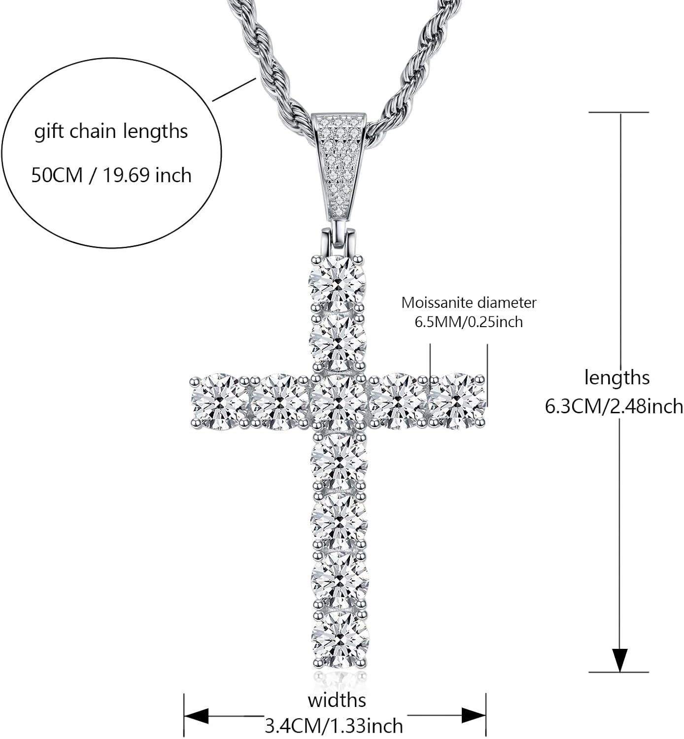 Moissanite Cross Pendant Necklace for Women, D Color VVS1 18K White Gold Plated 925 Sterling Silver, Lab Created Diamond Jewelry Gift Jesus Christian Religious Crucifix - Image 3