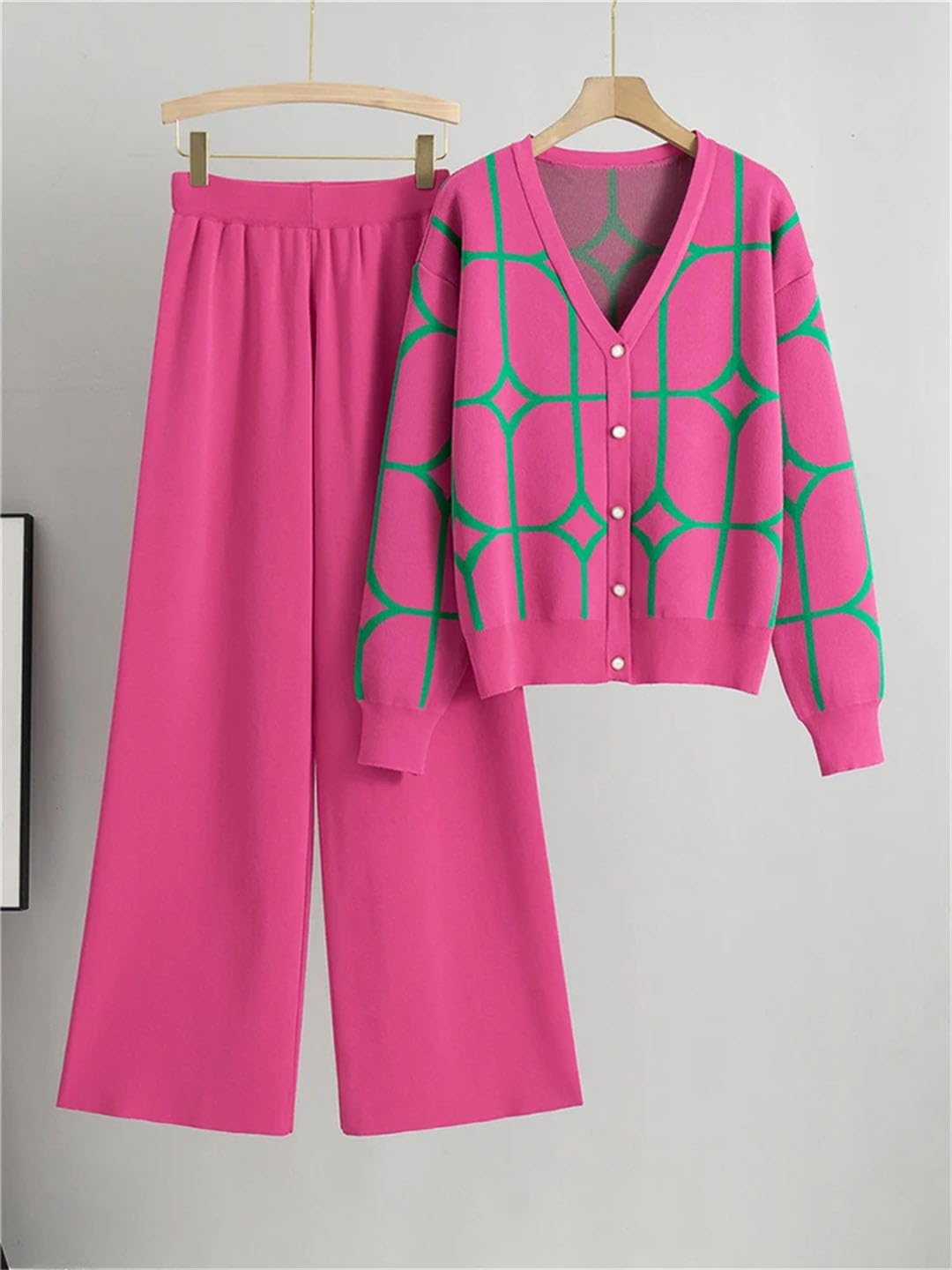 Set maglione da donna con scollo a V e stampa a maniche lunghe cardigan cappotti abiti a vita alta pantaloni a gamba larga