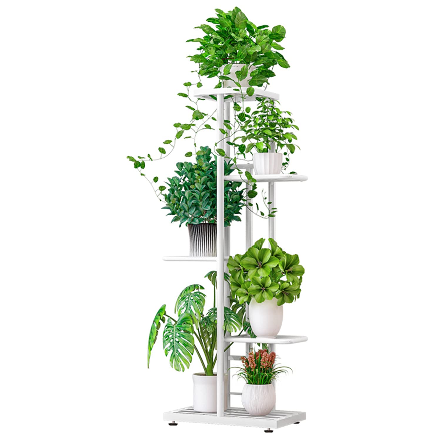 TRIANGLE Metal Plant Stand Indoor Outdoor, Multiple Flower Planter Pot Holder Shelf Organizer Rack for Garden Balcony Patio Living Room (5 Tier - 6 Potted, White)