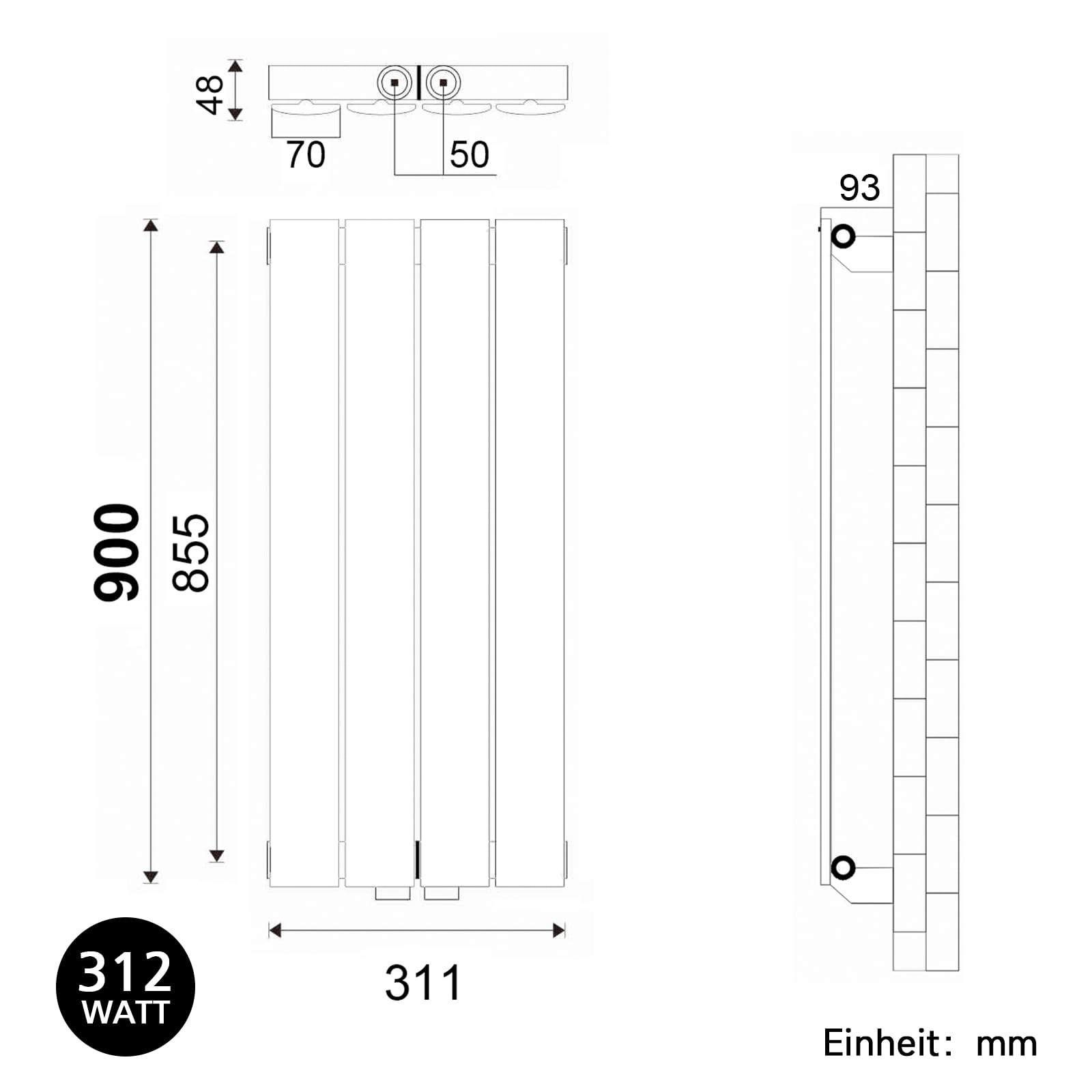 ELEGANT Designerski grzejnik 900 x 311 mm, grzejnik płaski, pionowy, mały, jednowarstwowy, biały, grzejnik łazienkowy z przyłączem środkowym