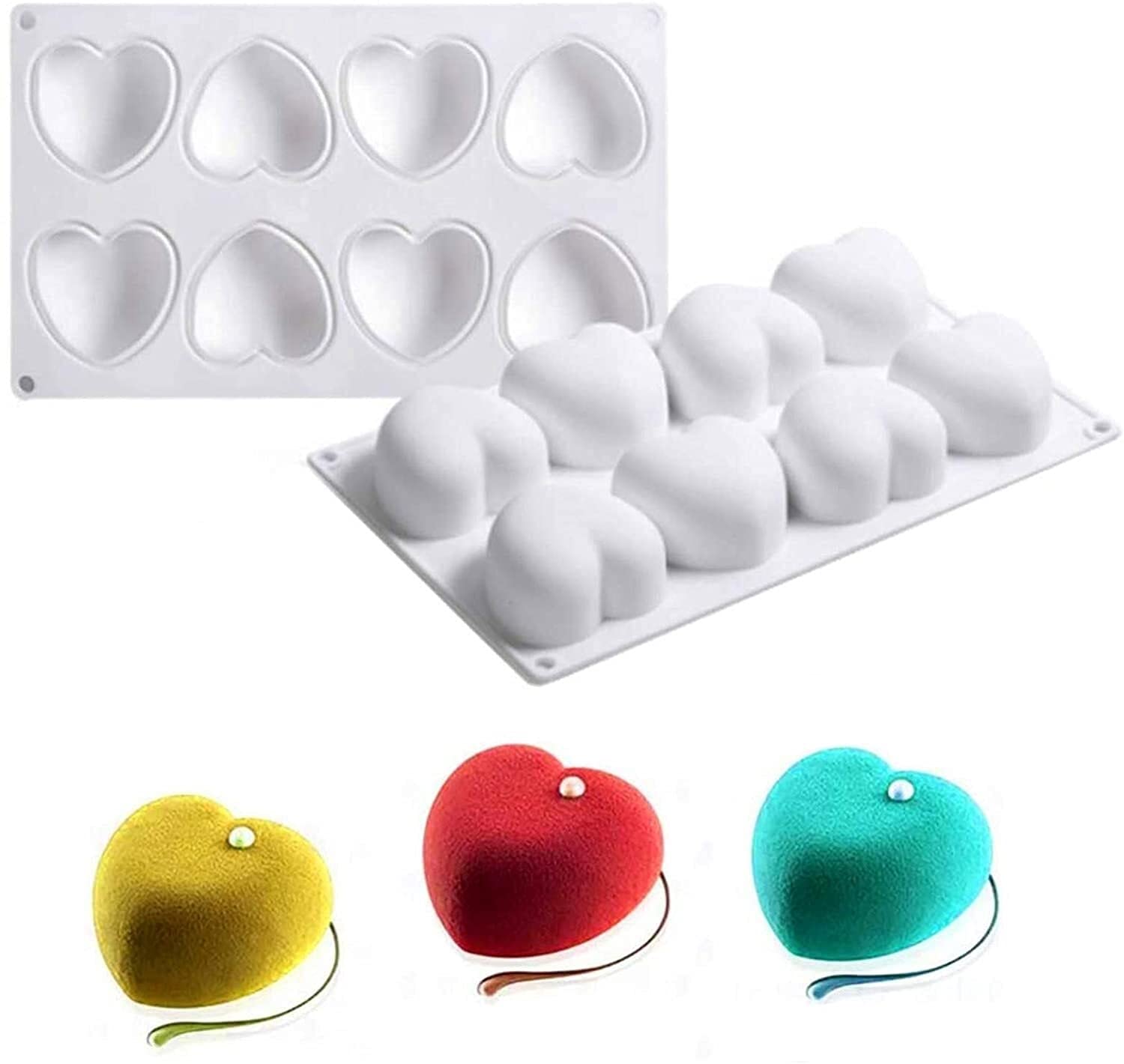 HSF Confezione da 2 stampi in silicone per cottura a forma di cuore, per mousse torte, budini, gelatine, formine per biscotti al cioccolato