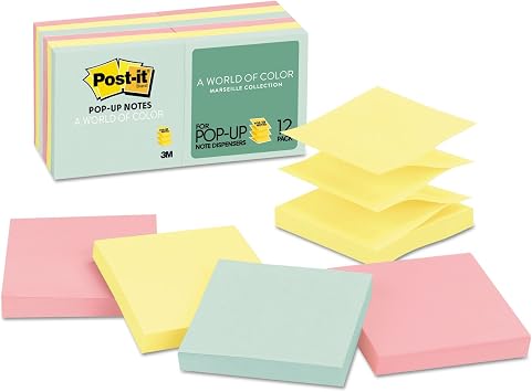Post-it Pop-up Notes, 12 Sticky Note Pads, 3 x 3 in., School Supplies, Office Products, Accordion Sticky Notes Work with Pop-Up Note Dispenser, Beachside Cafe Collection