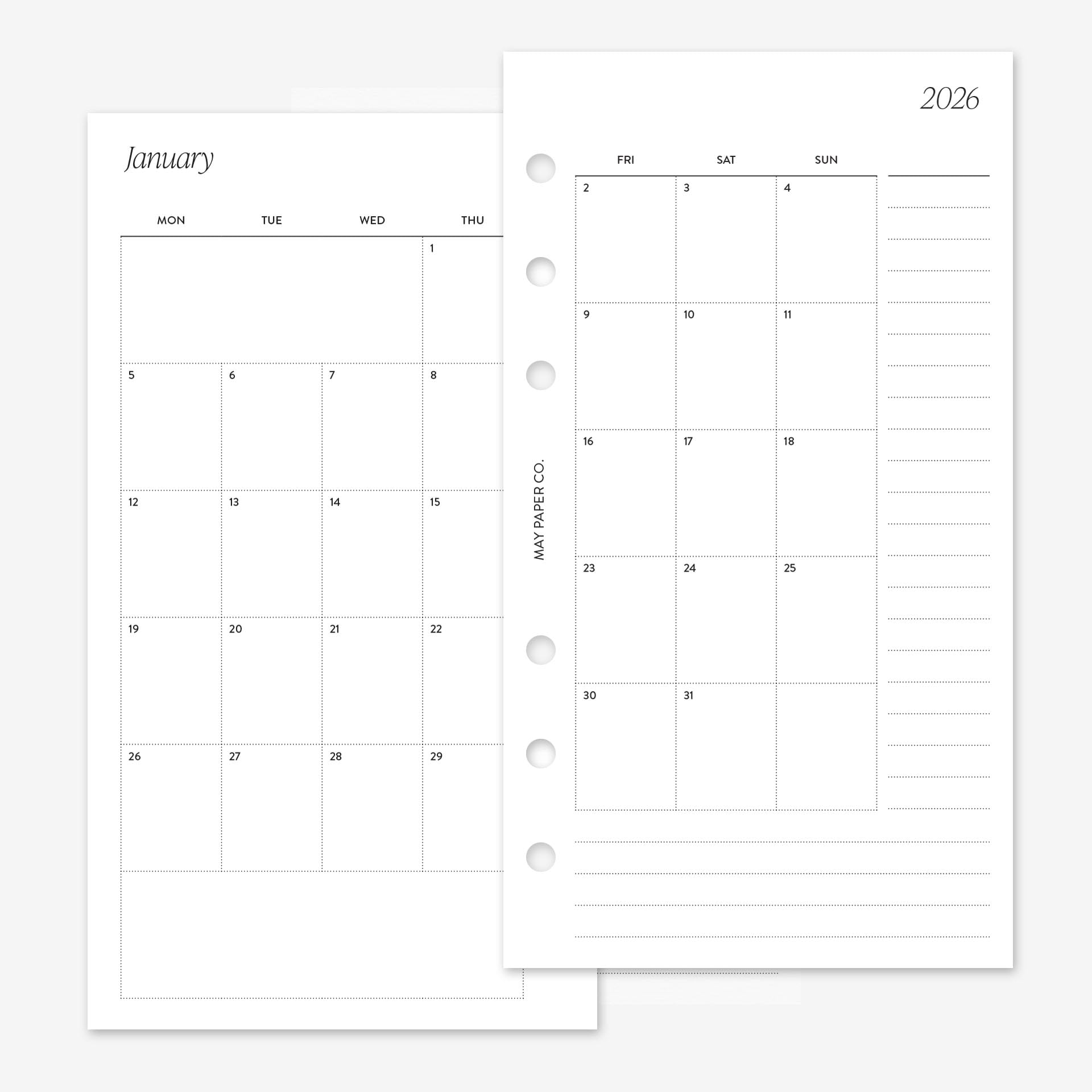 MAY PAPER CO. 2026 Personal Monthly with Notes Planner Refill, Month on Two Page Planner Insert for Personal Filofax and LV MM 6 ringed Agenda 3.75 x 6.75 (Continuous Months, Monday Start)