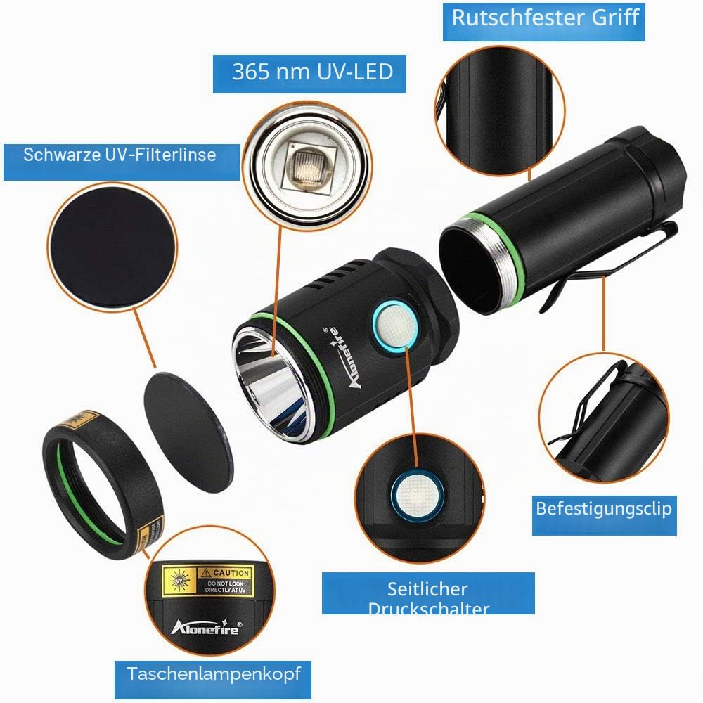 Alonefire X901UV 10W 365nm UV Taschenlampe Tragbar USB C Aufladbar Schwarzlicht Taschenlampe Haustier Urin Detektor für Harzhärtung, Angeln, Bernstein, Skorpion mit Gafas Protectoras UV, Batterie
