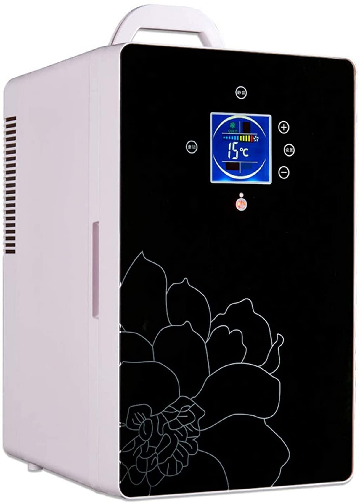 Mini nevera de 16 l, nevera portátil compacta de una sola puerta con función de calentamiento y refrigeración de 0 a 65 °C, 2 enchufes para toma de corriente doméstica y cargador de coche de 12 V