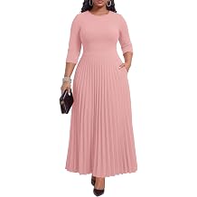 Nmoder Maxi Long Dress for Women, Pleated Empire Waist Casual Dresses Crewneck 3/4 Sleeve with Pockets
