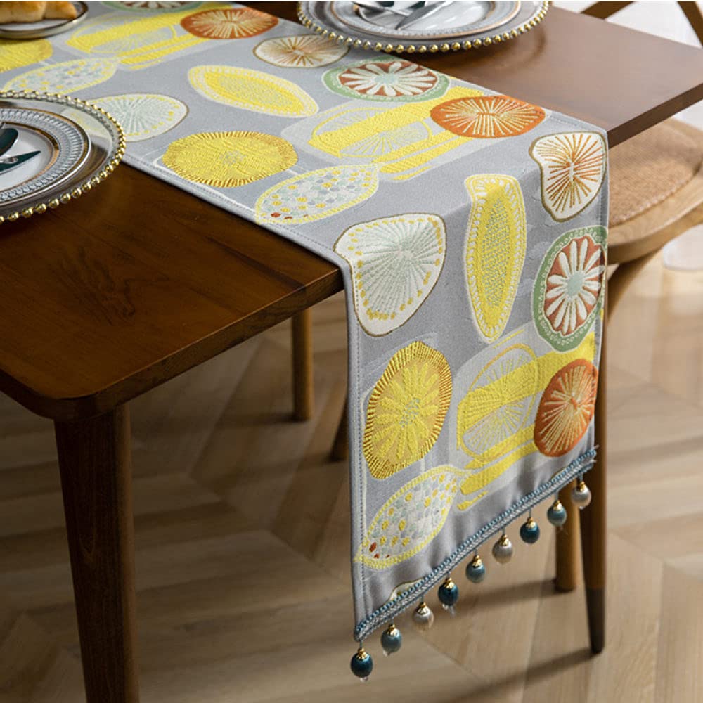 Tapetes para Mesa,Camino De Mesa Gris Camino De Mesa De Navidad Borlas con Estampado De Limón Mantel para Sala De Estar Mesa De Comedor De Navidad Fiesta Decoración Navideña, 34X180Cm