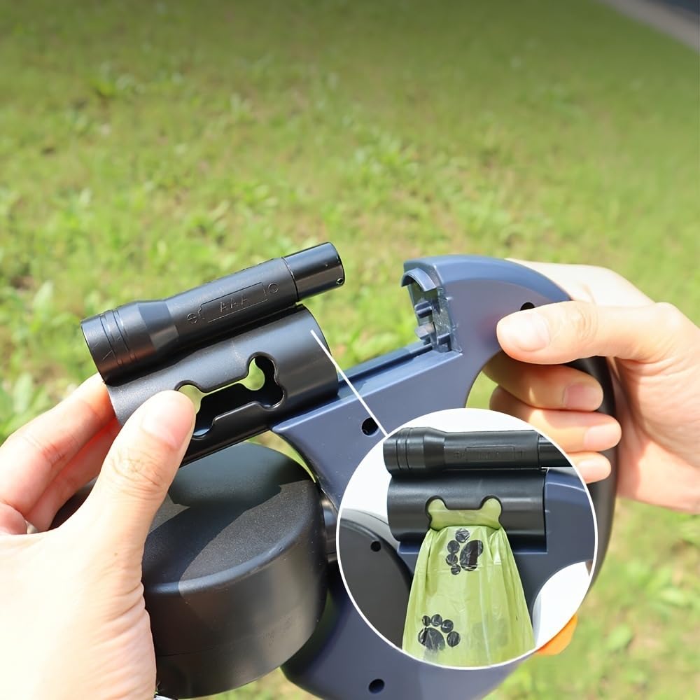 Correa Retráctil Doble para Perros con Linterna Y Dispensador De Bolsas Telescópica Anti-Enredos 360° Paseo Resistente para 2 Pequeños/Medianos Cuerda Nylon Reflectante(Black)
