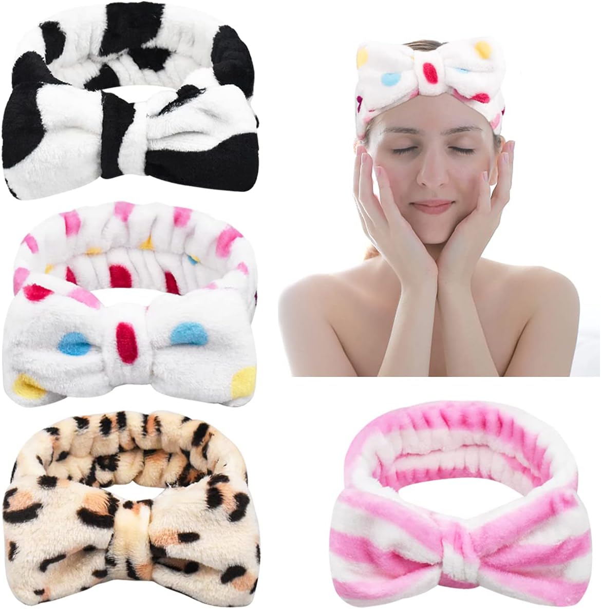 Yasmous 4Pcs Makeup Headbands Bowknot Spa Headband Cute Wash Face Headbands Stretchy Soft Coral