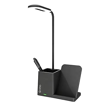 ONIC 3-in-1 Desk Lamp with Wireless Charger, 15W Qi-Compatible Fast Charging Station, LED Table Light, Pen Holder Organizer, USB-C Input (Black)