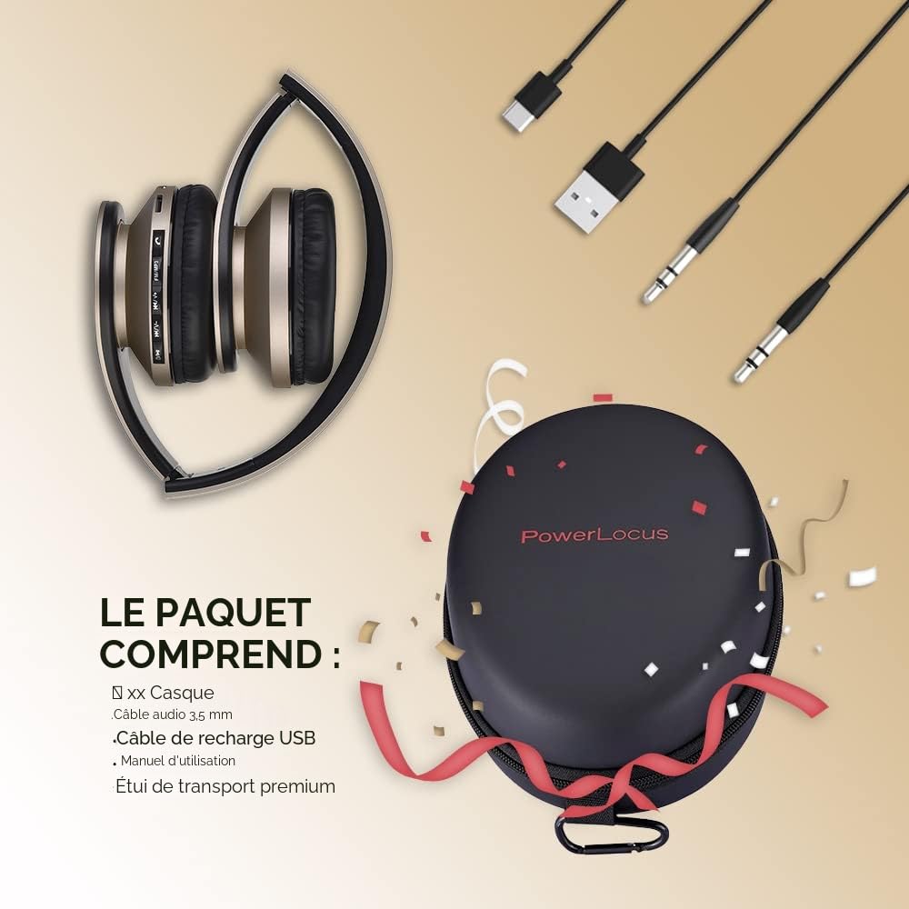 PowerLocus Casque Bluetooth sans Fil avec Micro intégré - Hi-FI Stereo – Micro SD/TF, FM Radio – Casque Pliables – pour iPhone/Android/iPad/Ordinateurs Portables (Or)