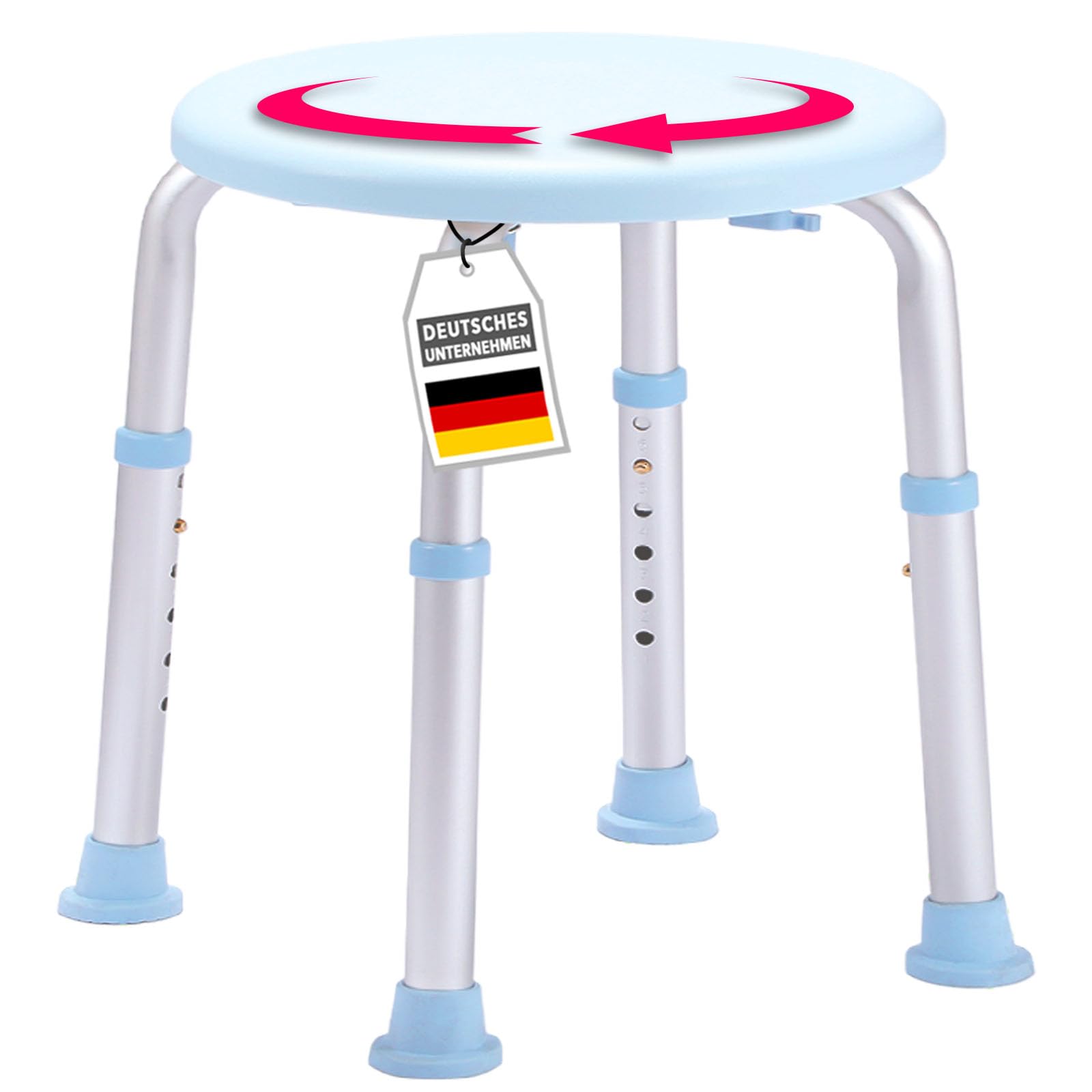 Floordirekt Pedro - Taburete de ducha giratorio 360°, soporta hasta 150 kg, altura regulable con pies de goma antideslizantes para un agarre seguro