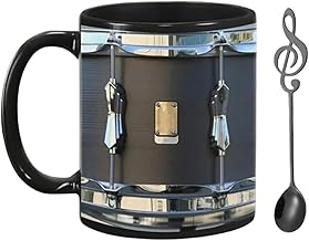 Black Vintage Drum Mug with Spoon, 11oz Music Mug, Ceramic, Vintage Drum Coffee Cup, Funny Coffee Cup, Cool Mug Gifts for Drummer Musician, Novelty Mug Gift for Women Men