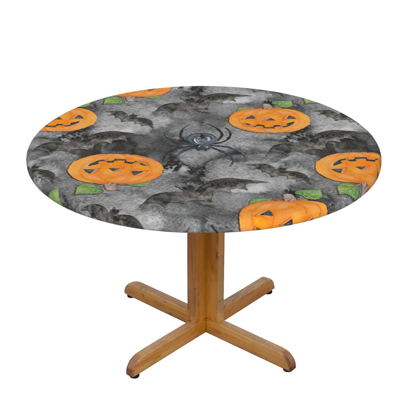 Migpkd Halloween Grey Bat Spider Pumpkin Round Tablecloth Waterproof Elastic Fitted Table Covers For 35" - 55" Tables