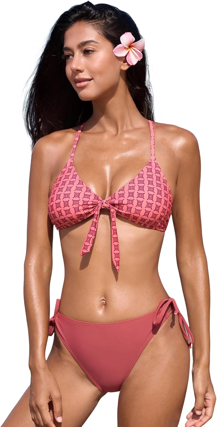 CUPSHE Women's Bikini Set Sexy Two Piece Swimsuit Front Knot Bunny Tie Bathing Suit Crisscross Back Self Tie Retro