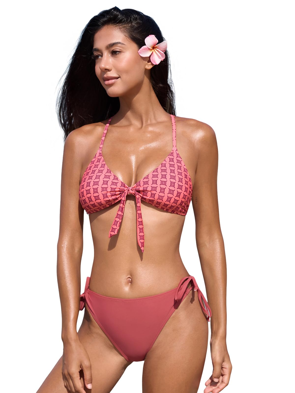 CUPSHE Conjunto de bikini sexy de dos piezas para mujer, traje de baño con nudo frontal, traje de baño con lazo cruzado en la espalda, estilo retro
