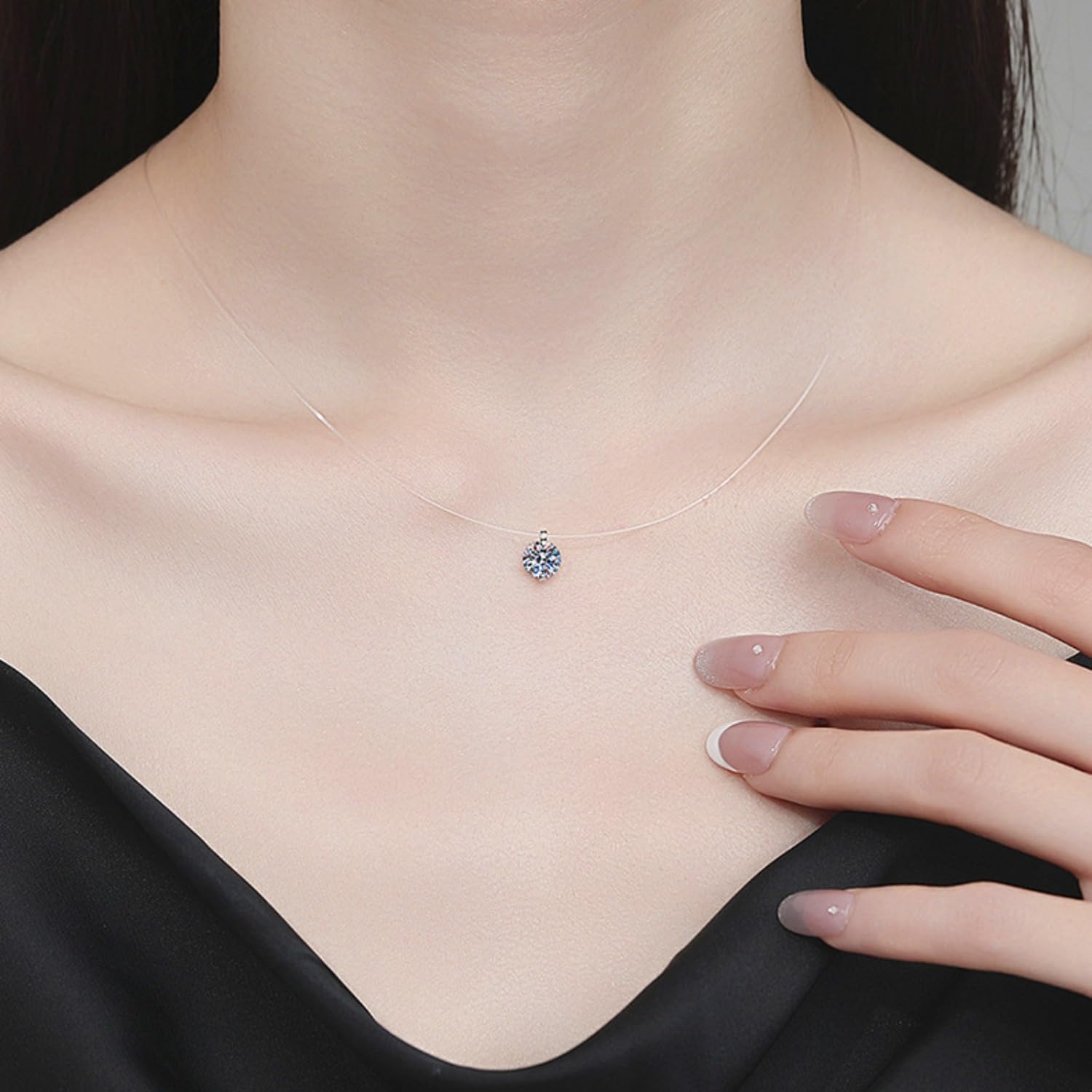 S925 Sterling Silver 0.5/1/2ct Lab Diamond Necklace for Women, D-Color VVS1, Mermaid Tears Invisible Fish Line Pendant, Ideal for a Wife Valentine Present