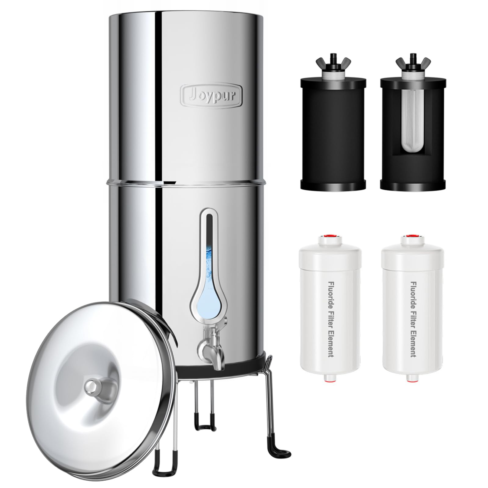 Filtro de Agua por Gravedad de Acero Inoxidable 304 con 2 Carbón Activado y 2 Antifluoruro, Sistema de 38000L con Ventana en Gota, para Hogar, Camping y Autocaravana