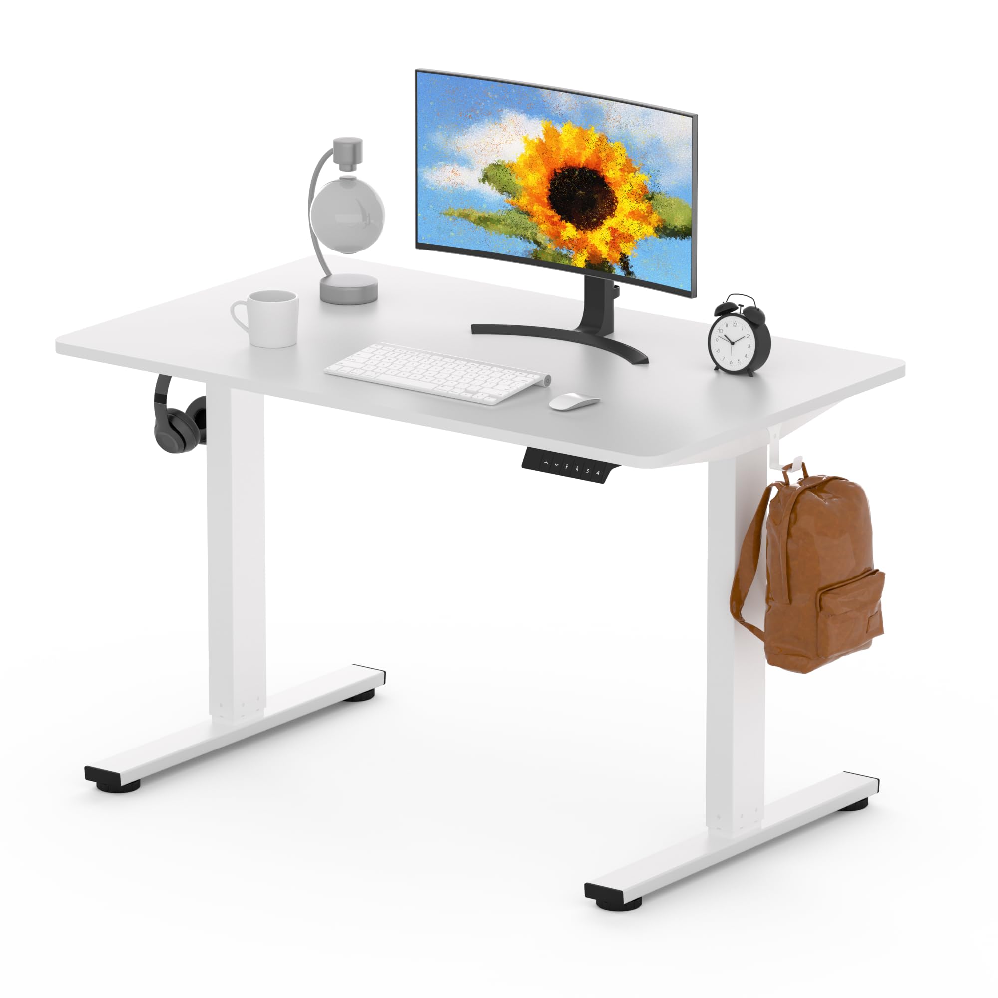 FLEXISPOT ONE PIECE Electric Standing Desk Height Adjustable Desk Sit Stand Desk with 4 Memory Smart Pannel and Backpack Hook for Home Office, 100 x 60cm White