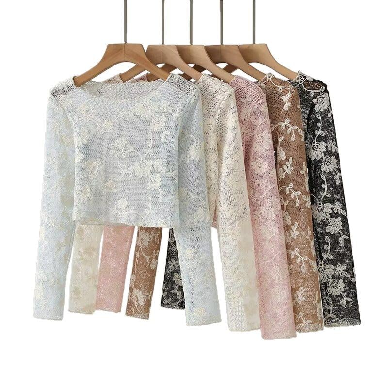 Image of ICW Women Long-Sleeves Boat Neck Transparent Mesh Sheer Floral Embroidery Crop Top T-Shirt DN648