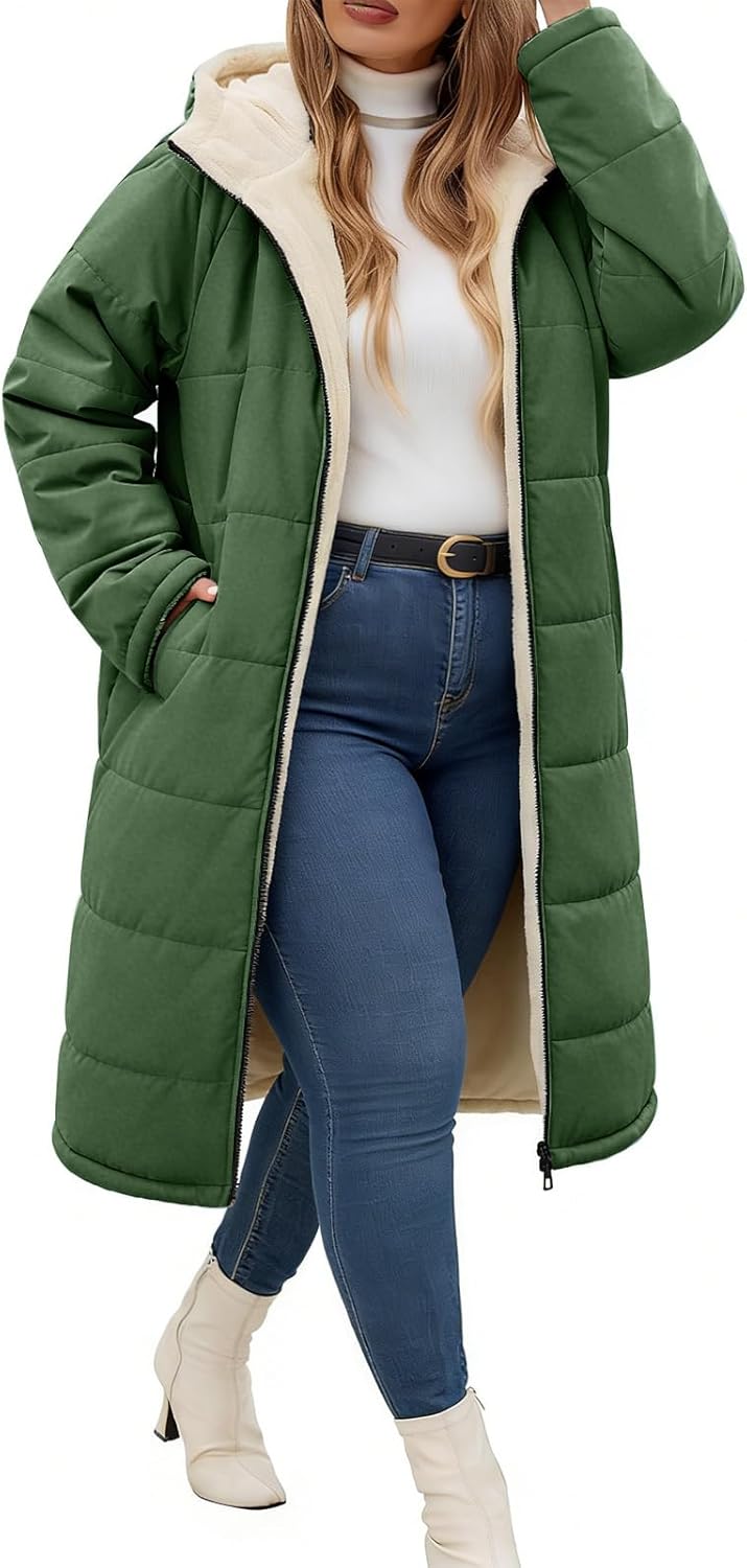 Yusongirl Women Plus Size Winter Coat Mid Length Hoody with Zip Up Fleece, Stylish Windproof Ribbed Cuffs, Warm Sherpa Lining