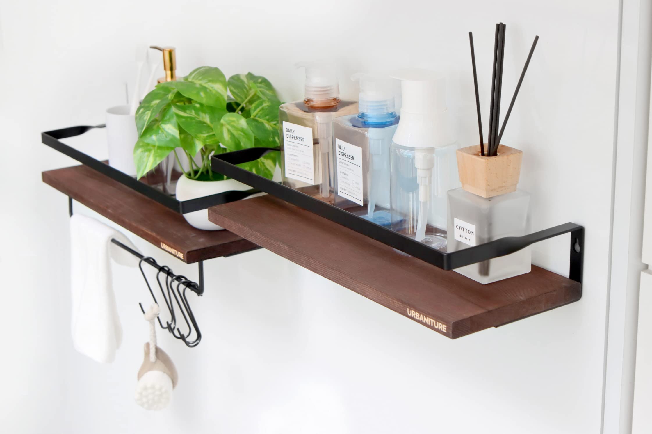 URBANITURE Hanging Shelves 2 Set - Premium Floating Bookshelf (Paulownia Wood) Towel Holder for Bathroom Cat Trophy and Lego Display (Dark Brown)