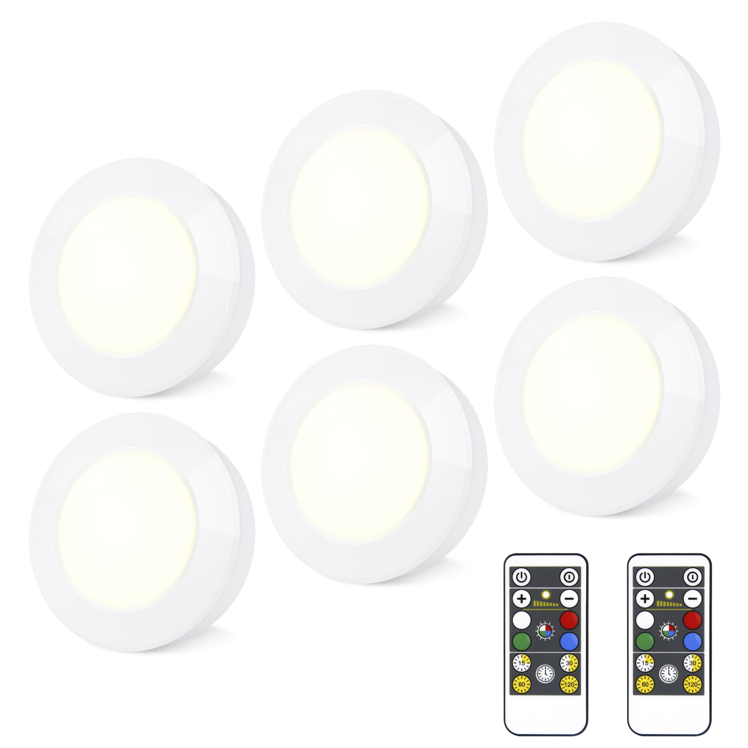 HONGUT Wireless LED Puck Lights with RF Remote(6-Pack), Battery Operated Under Cabinet Lights, Color Changing Stick On Lights,Dimmable Tap Light with Timmer for Closet Bedroom Kitchen Drawer Counter