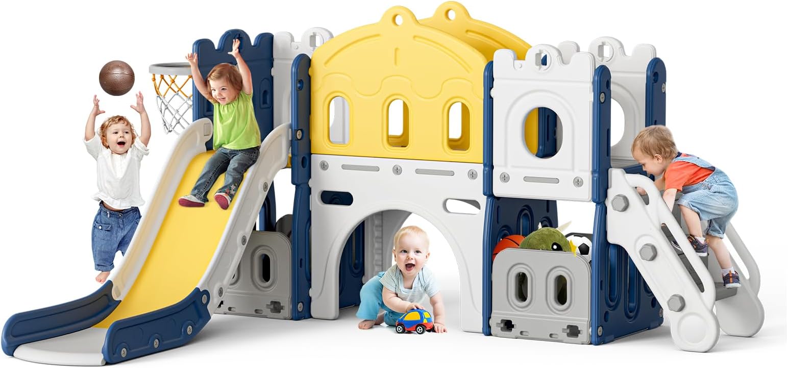 7 in 1 Toddler Slide and Climber - Large Kids Playset With Long Aisle, Basketball Hoop, Tunnel, and Storage Space - Indoor Outdoor for Toddlers 1-3, Blue