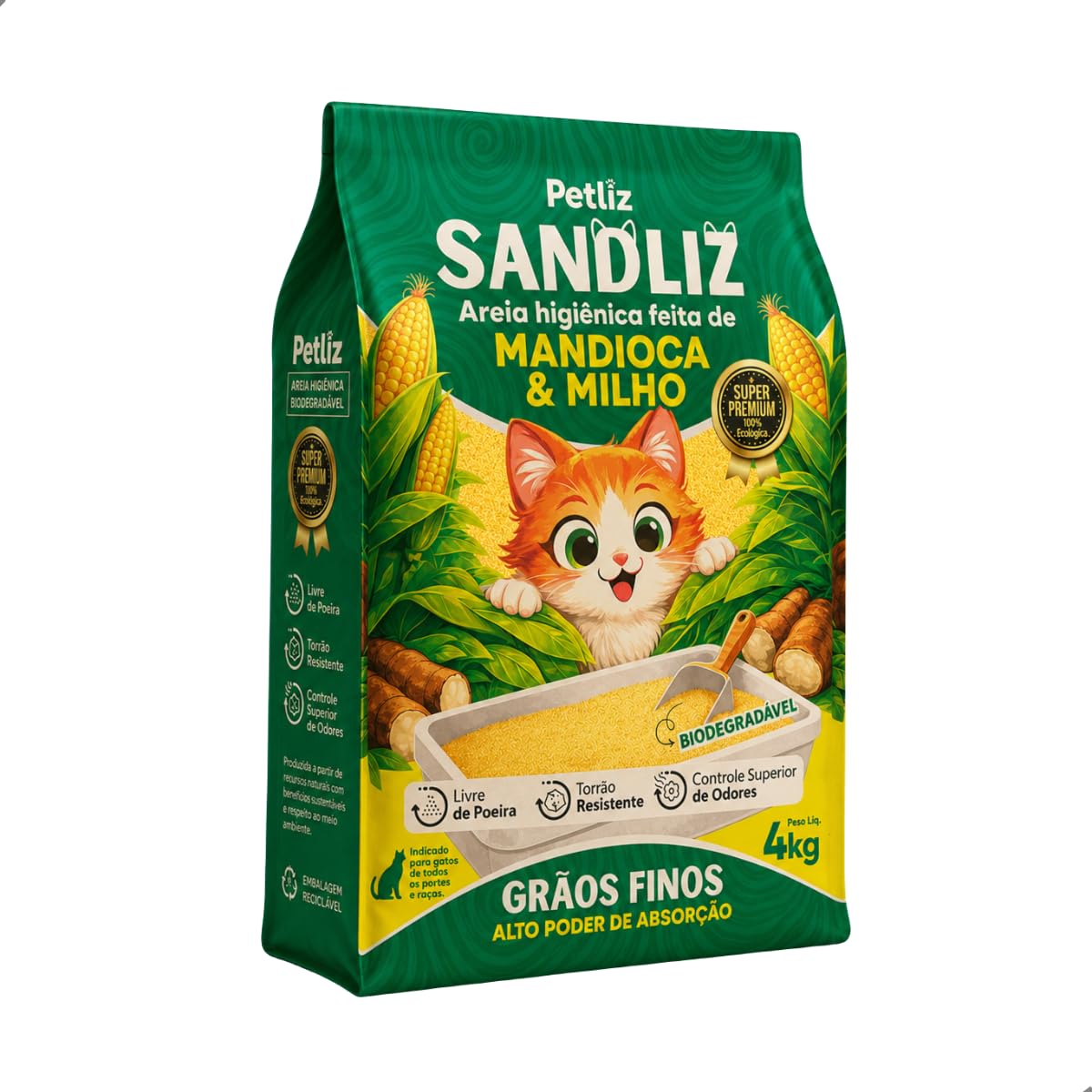 Areia Sanitária Higiênica Natural Premium Grãos Finos de Milho e Mandioca Gatos Sandliz