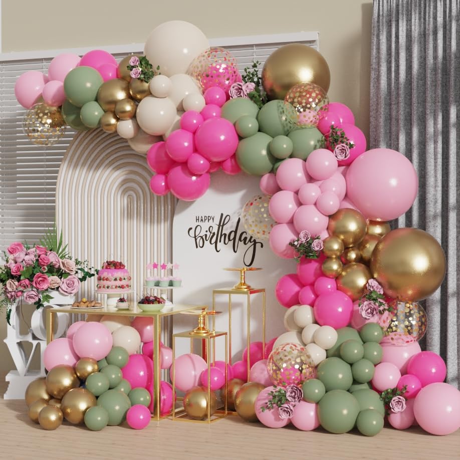 Sage Green Pink Sand Gold Balloons Garland Arch Kit 142PCS Nude Peatel Pink Confetti Balloons for Safari Jungle Green Boho Engagement Wedding Birthday