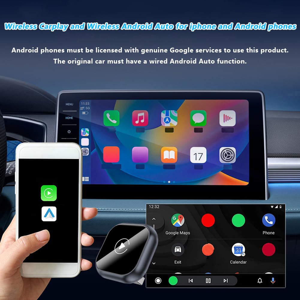 2 in 1 Carplay Wireless per Jeep Renegade 2018 2019 2020 2021 2022 2023, Adattatore CarPlay e Android Auto Wireless Plug & Play Connessione Automatica Controllo Vocale,D Grey