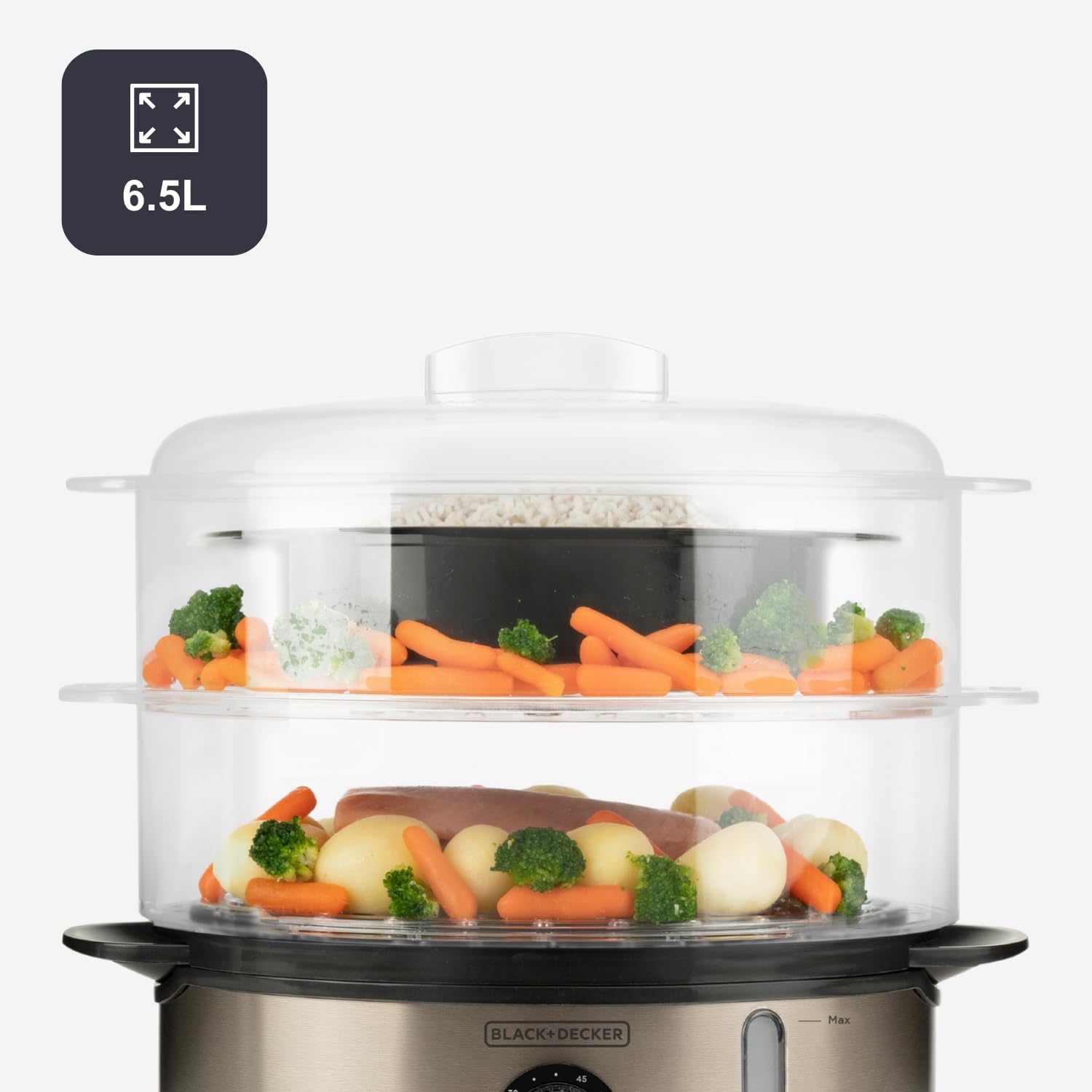 BLACK+DECKER BXST800E - Cuiseur Vapeur 800W | Capacité 6,5L (6-7 Portions) | Réservoir Eau 1L avec Indicateur | 2 Plateaux Empilables + Bol à Riz | Minuterie 60 min | Sans BPA | Lavable Lave-Vaisselle