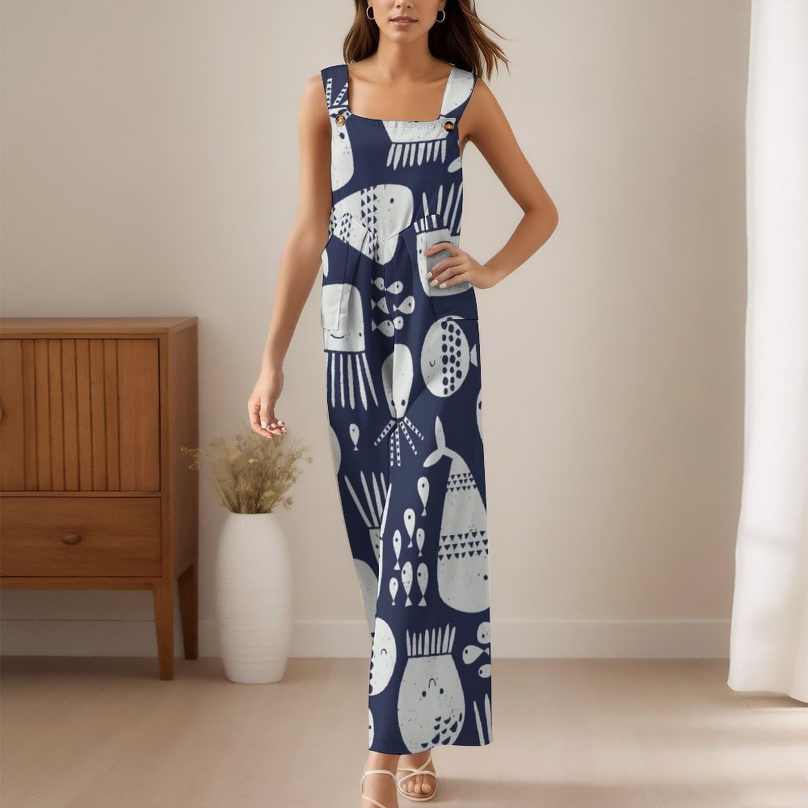 新品フィードサック風マリン柄サロペット Amazon.co.jp: サロペット 魚柄 和風 マダコ 鯨柄 レディース