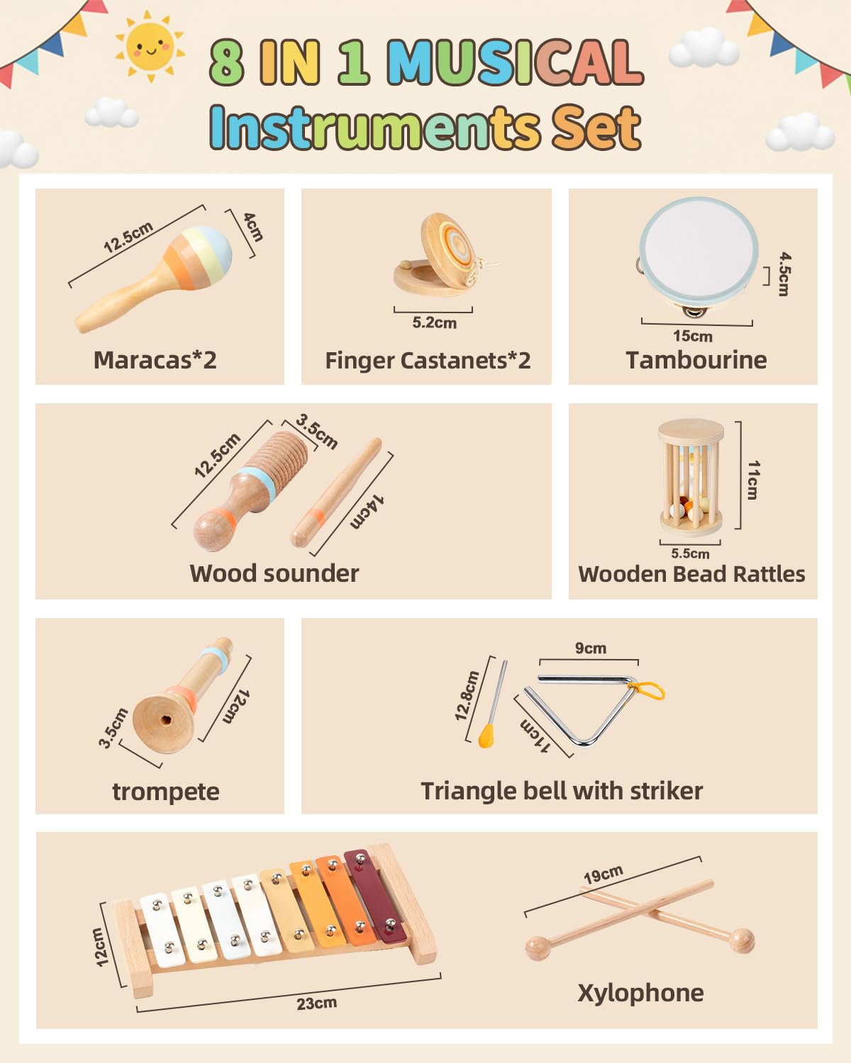 Maraiss Wooden Musical Instruments Set for Kids 10-Piece Natural Percussion Toys with Xylophone & Maracas - Image 2