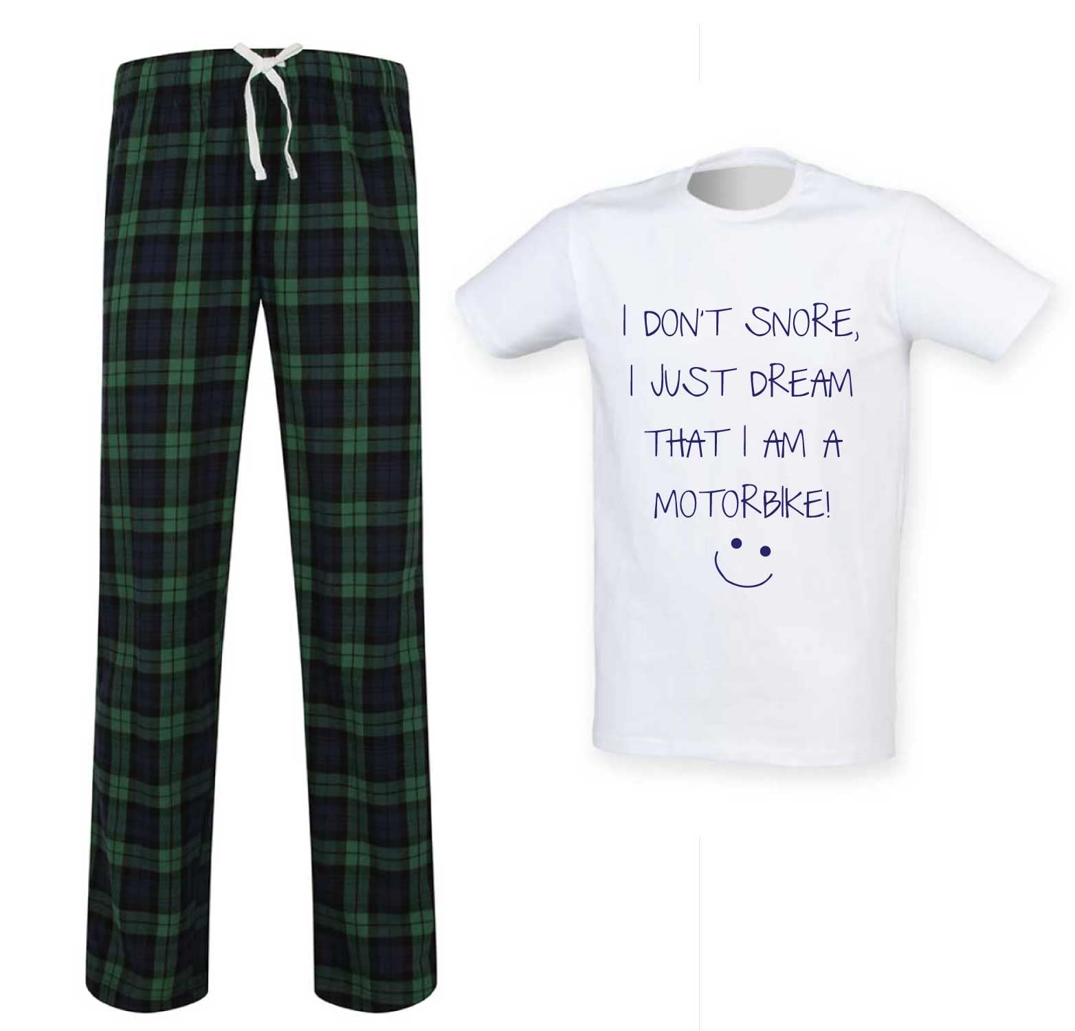 60 Second Makeover Men's Green Limited I Don't Snore I Just Dream I'm A Motorbike Tartan Trousers Pyjamas Set Funny Husband Present Fathers Day Birthday Gift Pyjama Set - Large