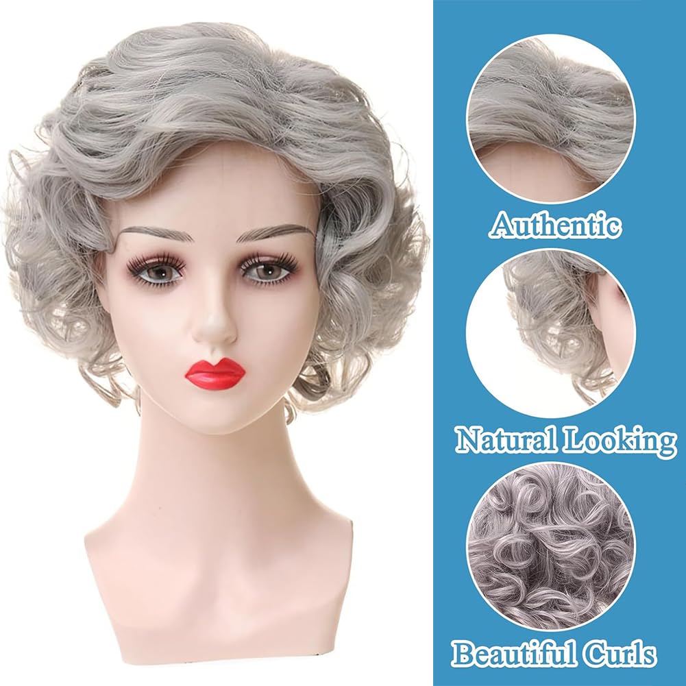 WFKKMEQ Old Lady Wig Costume, Old Lady Fancy Dress Set Granny Wig Cap Old Man Costume Accessories with Wigs, Chain Wigs Cap - Image 3