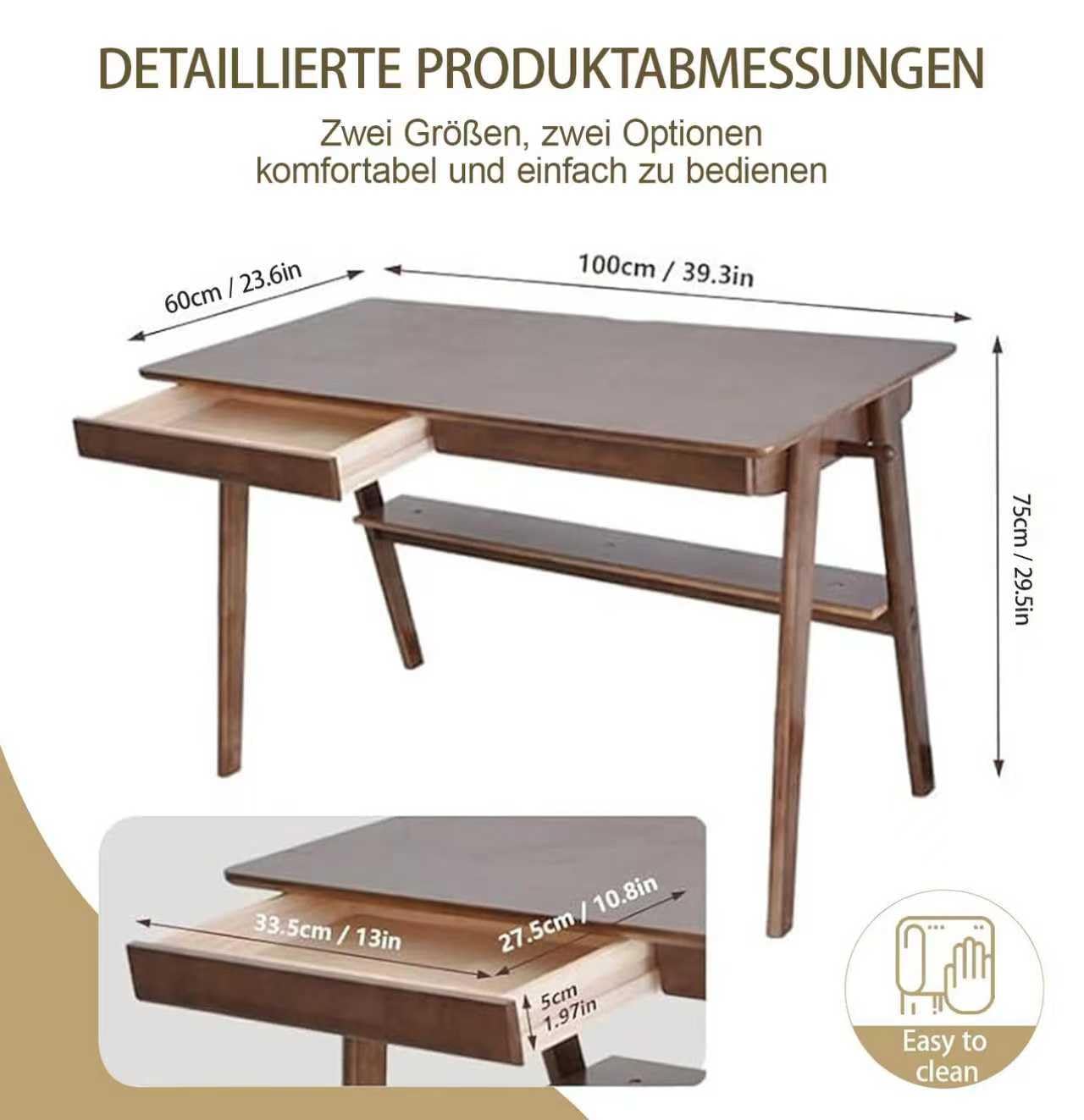 Eiche Schreibtisch mit Schublade 100x60cm Walnuss | Eiche Massivholz Schreibtisch, 2 Schubladen + Hakenleiste, 100x60cm