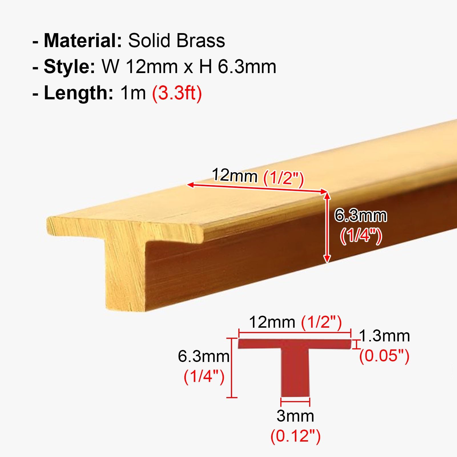 Barre de Seuil Bande de Transition de Sol Extra-étroite en Laiton, Bordure de Transition en T pour Joint de Porte, Bande de Seuil de Porte Sans Joint, pour Parquet et Carrelage(W 12mm x H 6.3mm)