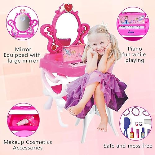 Miniatura 6 de DIMPLE Juego de 3 piezas de tocador de princesa 2 en 1 para niñas, accesorios de maquillaje con piano de trabajo, secador de pelo y luces