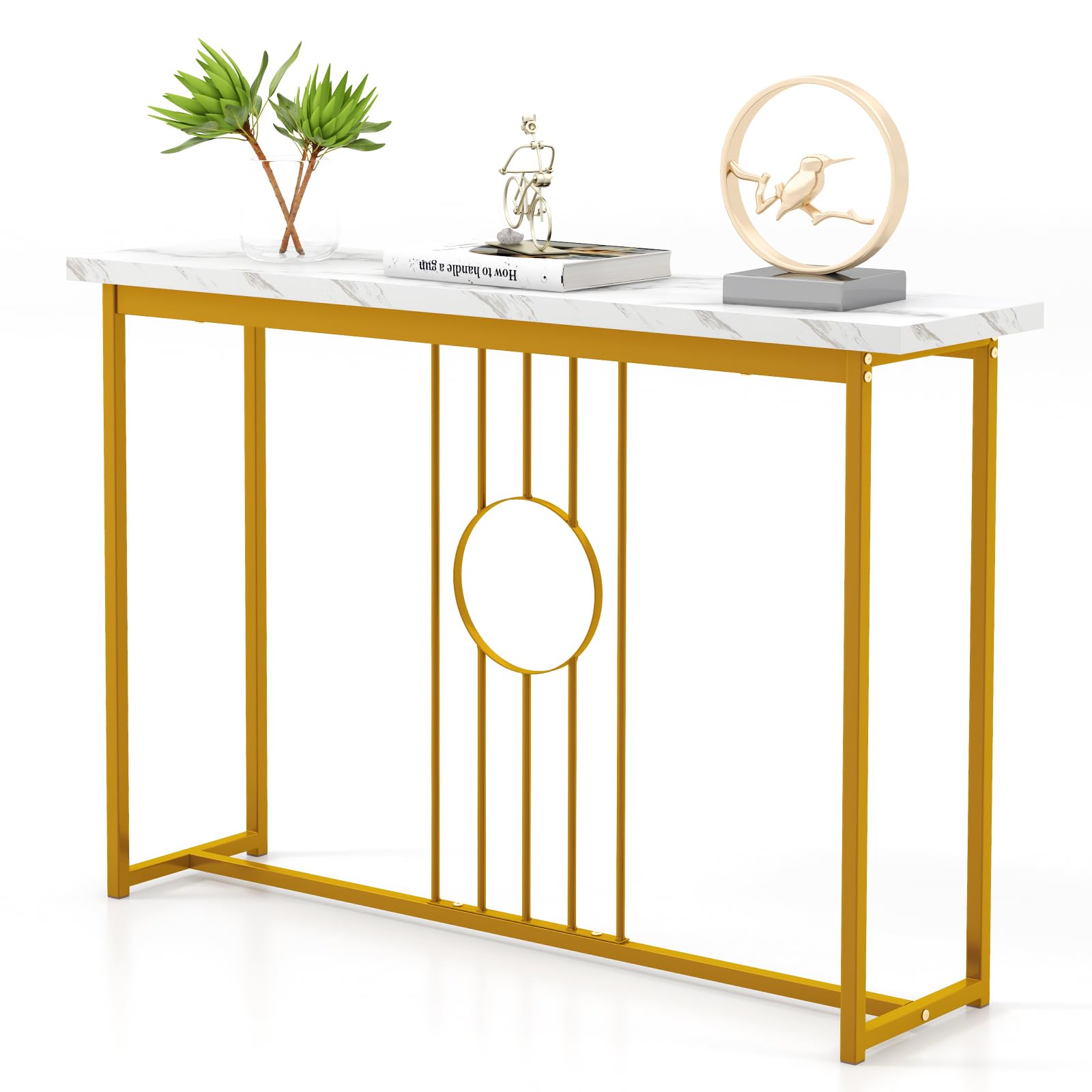 GIANTEX Tavolo Console da ingresso, ingresso stretto con piano in marmo imitazione e struttura in metallo dorato, tavolo laterale da 120 cm per corridoio, soggiorno, 120 x 30 x 80,5 cm