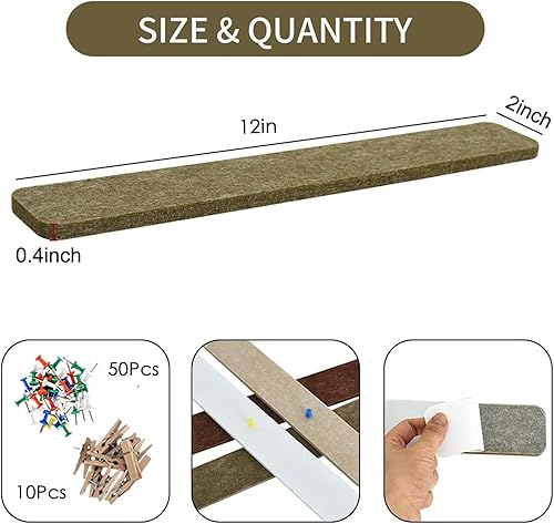 Miniatura 2 de Vuzvuv 8 tiras de barra de tablón de anuncios con 50 alfileres y 10 pines de clip de madera, tablero de corcho autoadhesivo para pared, tablero de