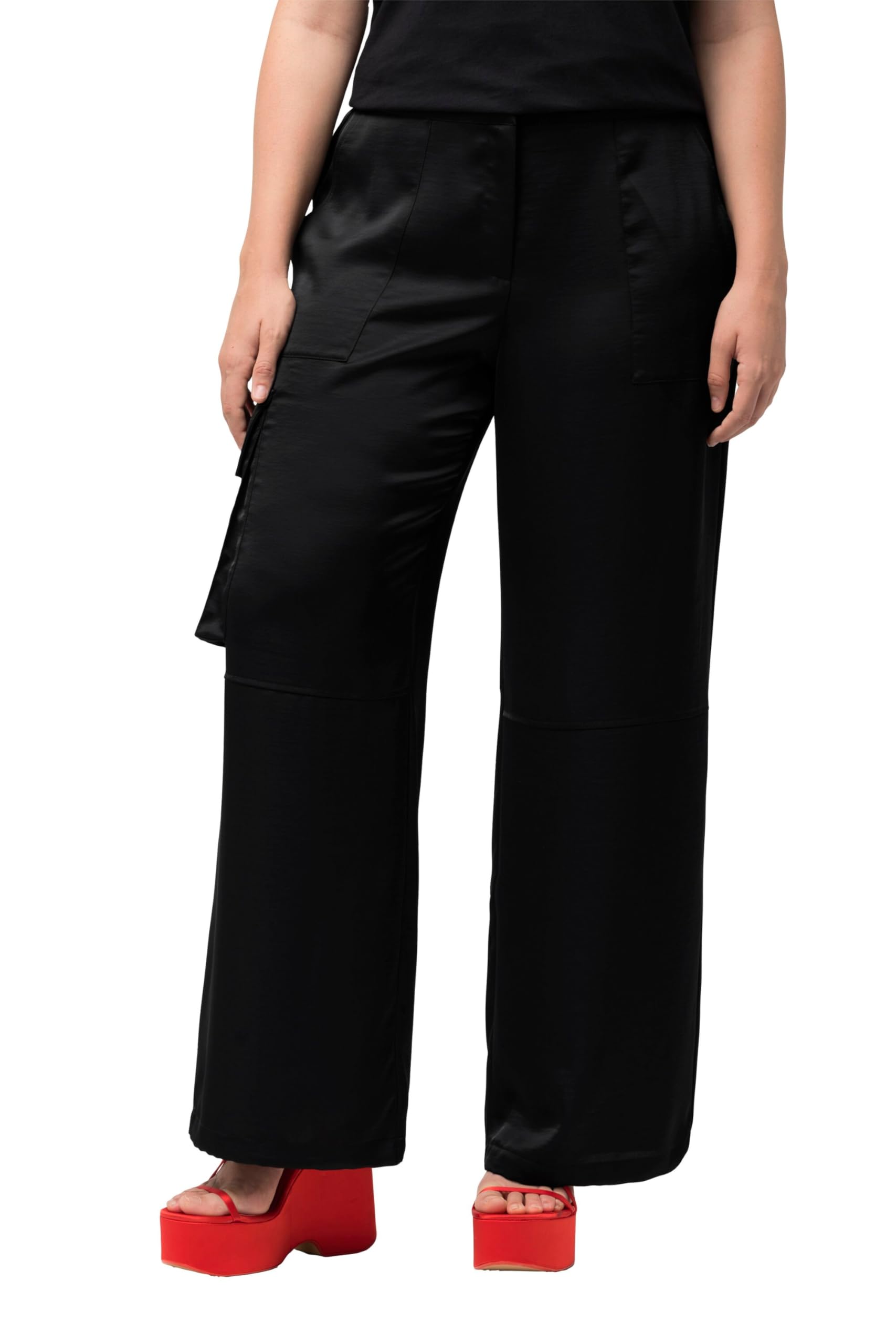 Ulla Popken Damen große Größen Übergrößen Plus Size Satin-Cargohose Mary, weites, gerades Bein, Elastikbund 825133