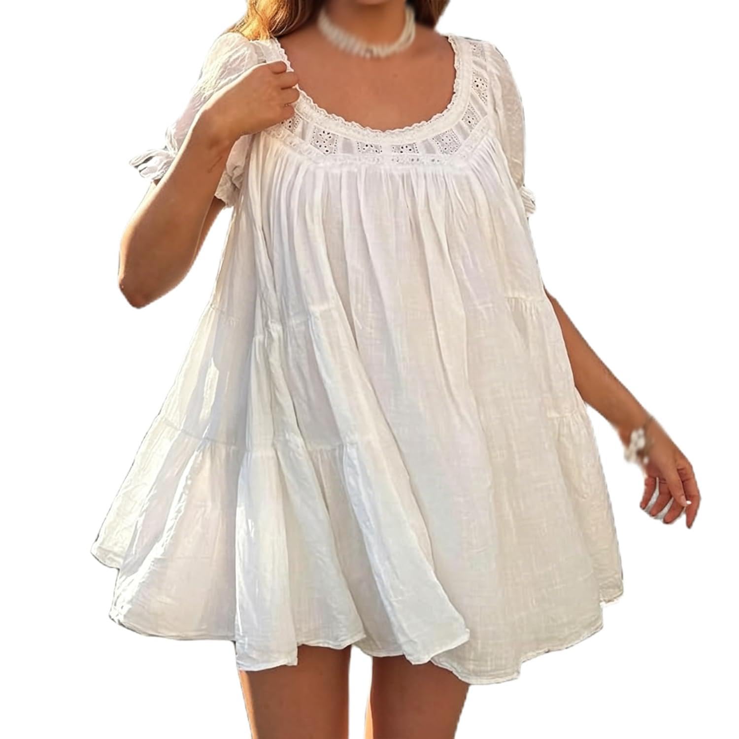 Miniabito Babydoll Y2K da Donna con Bordi in Pizzo e Maniche a Palloncino – Abito Corto e Fluido, Ideale per Le Serate, con Fiocchetto e Volant