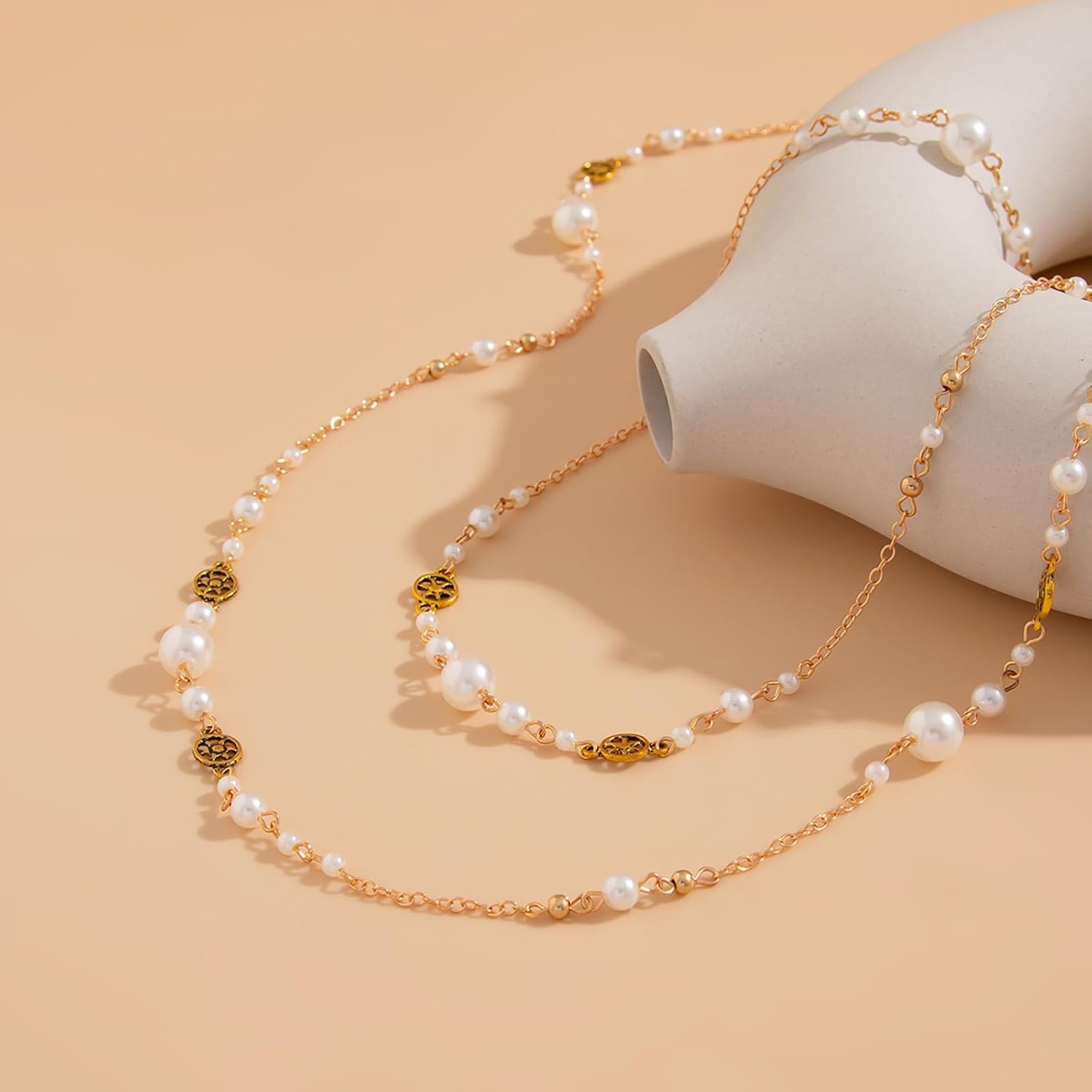 Long Gold Pearl Necklaces for Women Trendy Statement Layered Chain Necklace Multi-strand Chunky Pearl Beaded White Necklaces Fashion Sweater Jewelry - Image 5