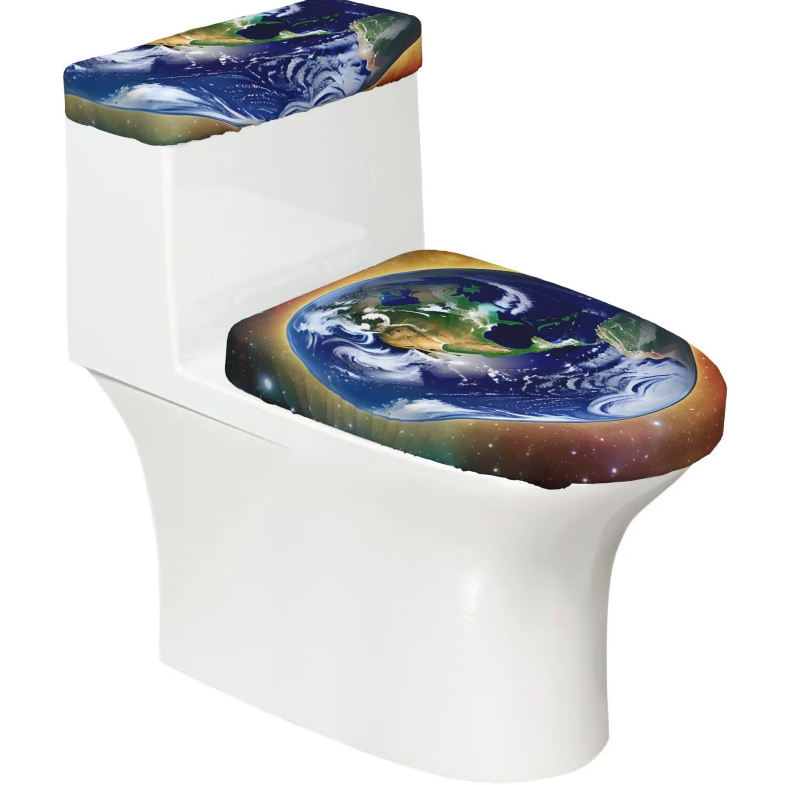 Cntdbu Black Cosmic Earth Stretchy Toilet Lid And Tank Cover Set-Soft Elastic Bathroom Decor For U Shape Oval