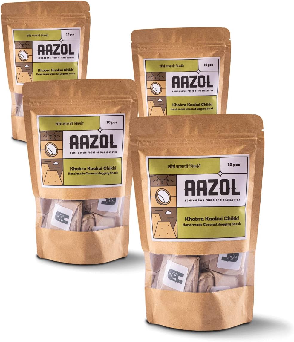 Aazol Soft Coconut Jaggery Chikki - 1kg (Pack of 4-250gms each) | High-energy Snacks Box Item Contains Nutritious Coconut and Mineral-rich Liquid Jaggery | Soft Crumbly Texture | No Peanuts