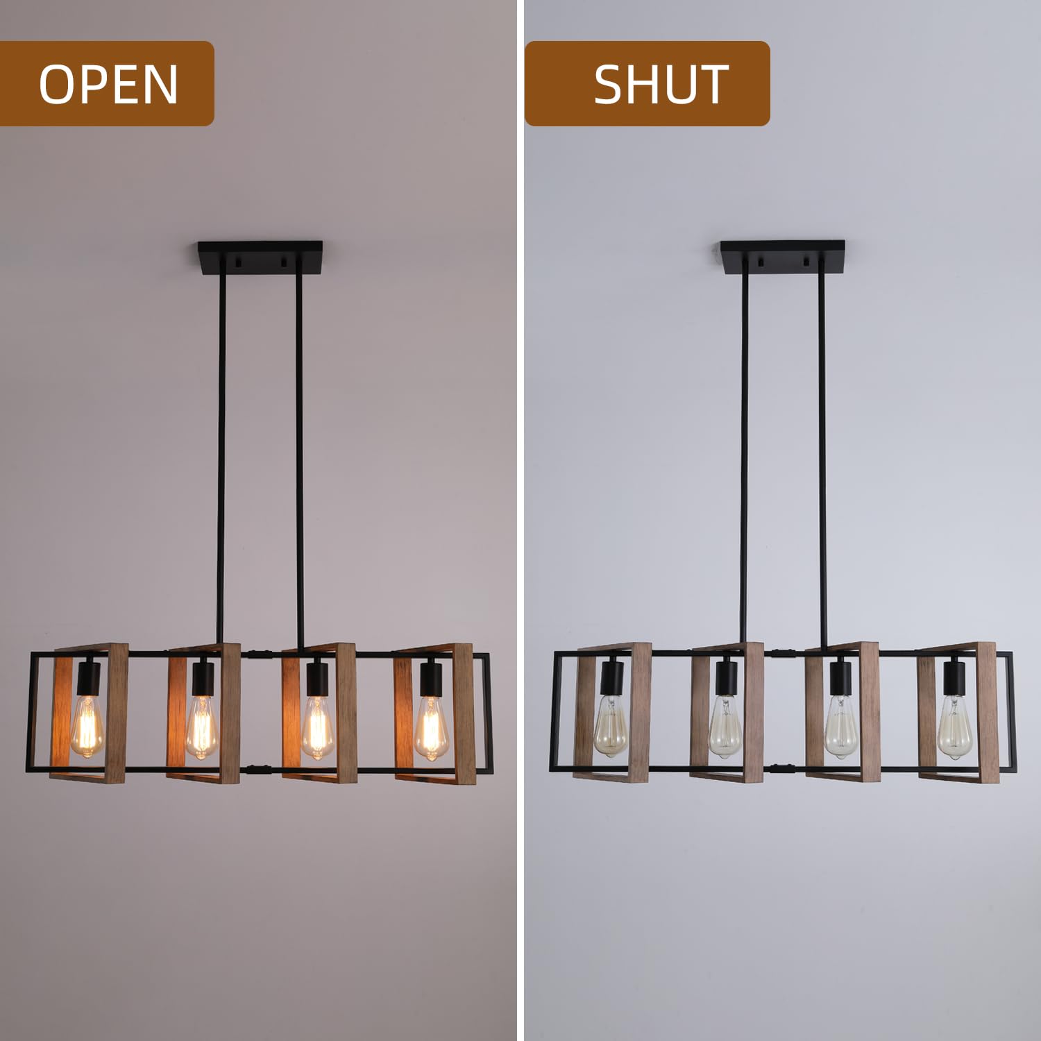 33" 4 Lights Kitchen Island Lighting, Wood Dining Room Farmhouse Chandelier,Black Rectangle Linear Pendant Light for Foyer Entryway Hallway Pool Table, Height Adjustable,E26 Socket