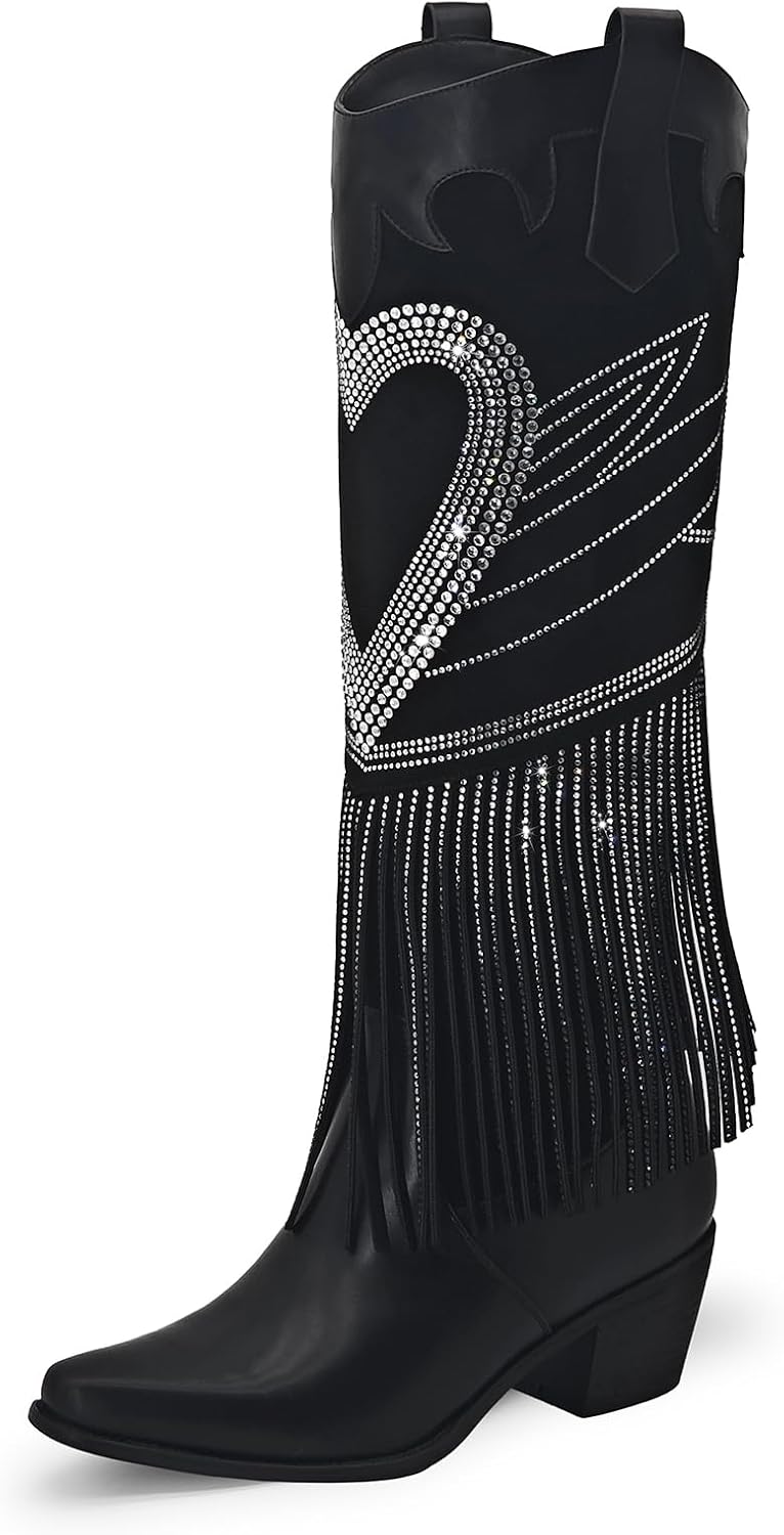 Women's Sparkly Fringe Rhinestone Knee High Cowboy Boots Glitter wide calf Pull On Pointed Toe Low Chunky Tall Cowgirl Boots Fashion bling Sexy Retro Party Wedding Shoes